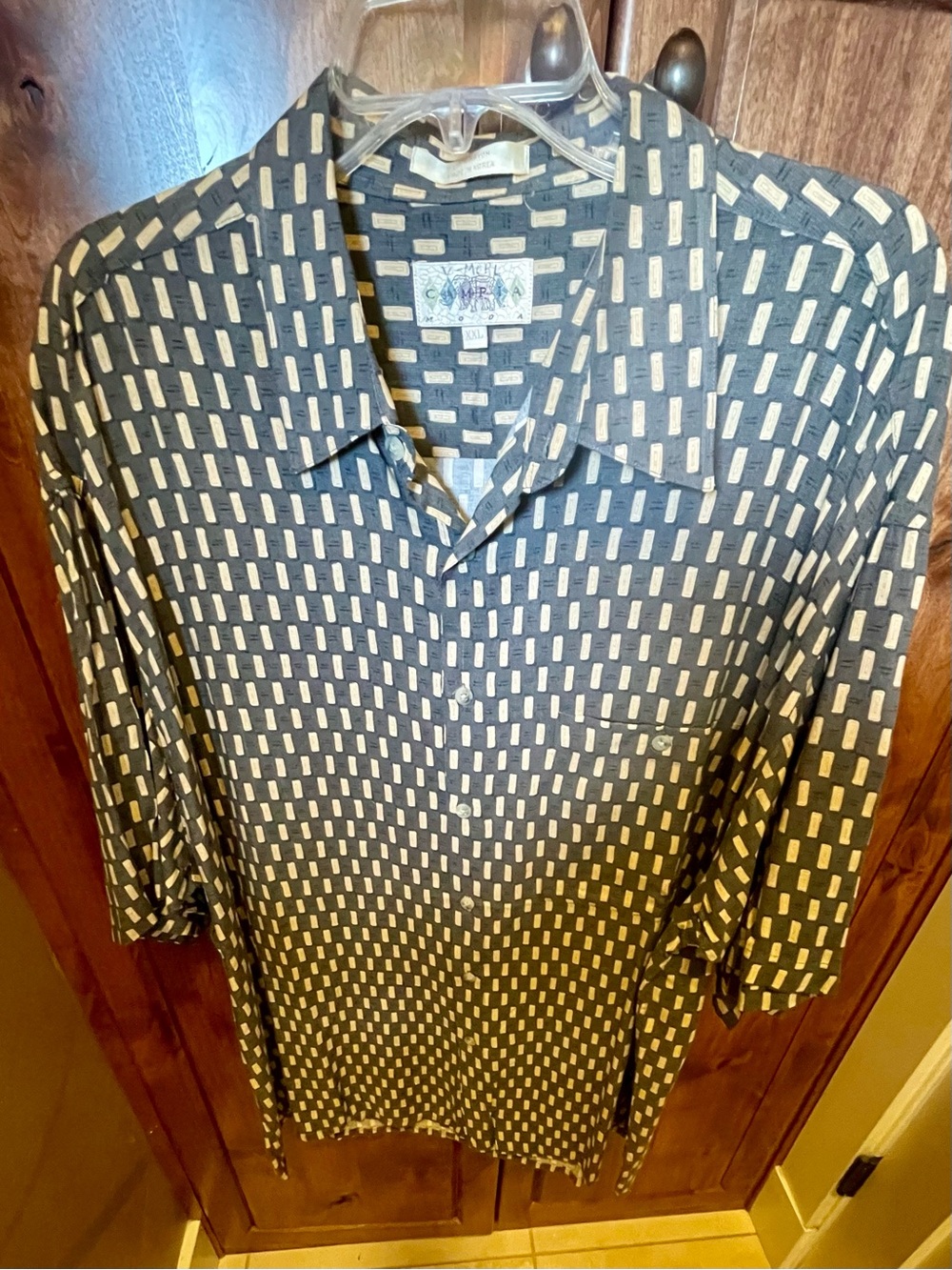 Men's Patterned Short-Sleeve Shirt - Navy with Cream Rectangles